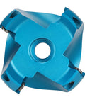 CNC lathe face mill, blue aluminum alloy milling cutter with 4 flutes and central bore (front view)