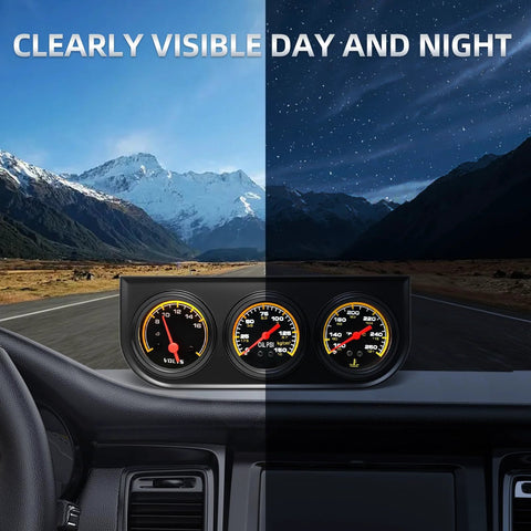 MH 2-inch 52mm triple gauge set on dash with voltmeter, oil pressure 0–150 psi, and water temperature 100–280°F.