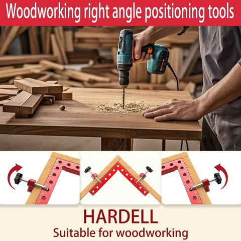 Four Pack 90 Degree Corner Clamps For Woodworking, 5.5 By 5.5 Inch Right Angle Positioning Squares in use with woodworking drill