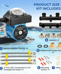 Hot Water Recirculating Pump Kit For Tank Water Heater With Programmable Timer, showing components and sizes including hoses and valves.