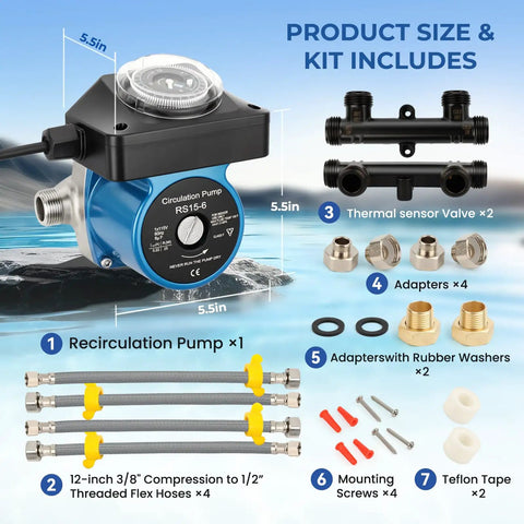 Hot Water Recirculating Pump Kit For Tank Water Heater With Programmable Timer, showing components and sizes including hoses and valves.