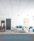 24 Pack Smooth Drop Ceiling Tiles 2x2 Feet Premium PVC Panels Waterproof Fire Rated in modern living room setup.