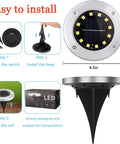 Diagram showing steps to install 12 LED Solar Ground Lights Waterproof In Ground Disk Pathway Lights For Yard Garden Lawn Patio Walkway Pool 8 Pack White Outdoor Disk Lamps For Bright Nighttime Decor And Easy Landscape Styling.
