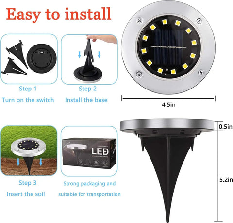 Diagram showing steps to install 12 LED Solar Ground Lights Waterproof In Ground Disk Pathway Lights For Yard Garden Lawn Patio Walkway Pool 8 Pack White Outdoor Disk Lamps For Bright Nighttime Decor And Easy Landscape Styling.