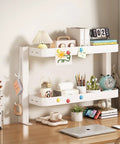 Clamp On Desk Shelf Organizer With Adjustable Two Tier Metal Rack And Four Hooks Space Saving Desktop Caddy, home office setup