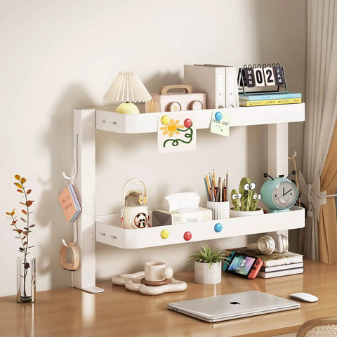 Clamp On Desk Shelf Organizer With Adjustable Two Tier Metal Rack And Four Hooks Space Saving Desktop Caddy, home office setup