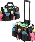 Rolling Cleaning Caddy Bag With Detachable Trolley for Housekeepers, showing pockets filled with cleaning supplies and adjustable handle.