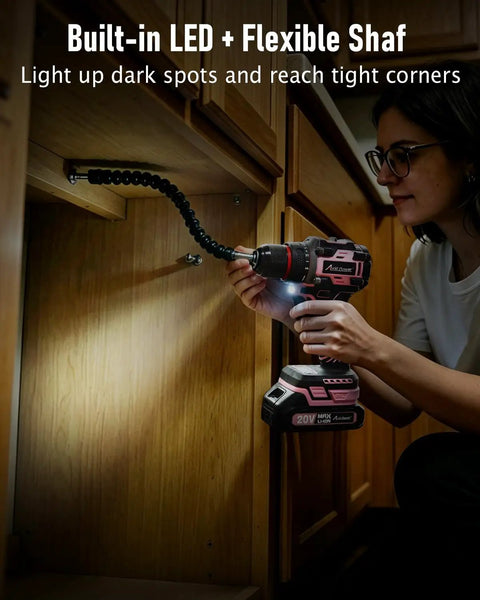 Brushless 20V Cordless Drill Driver Kit with 2.0Ah Battery and Charger used under cabinet, showing built-in LED light