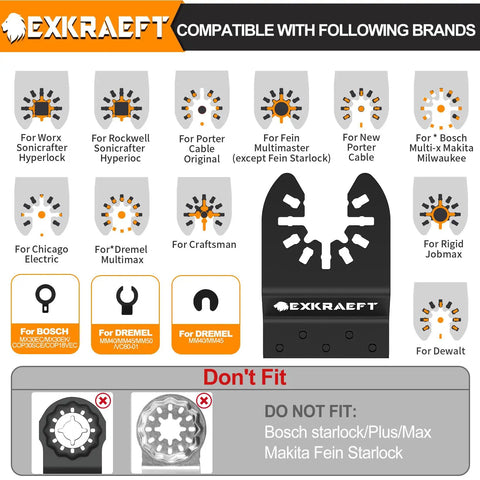 Compatibility chart for 55 Piece Titanium Oscillating Tool Blades Set For Metal Wood Plastic, showing brand fitment.