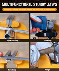 Heavy Duty 6 Inch Bench Vise With 7 Inch Jaw Opening And 360 Degree Swivel Base, showcasing pipe cutting, sawing, sanding, and forging tasks.