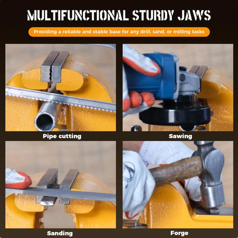 Heavy Duty 6 Inch Bench Vise With 7 Inch Jaw Opening And 360 Degree Swivel Base, showcasing pipe cutting, sawing, sanding, and forging tasks.