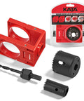 Go-To Wood Door Lock Installation Kit With Adjustable Guide Template And Hole Saw Set For Deadbolts And Knobs, includes red template and drill bits.