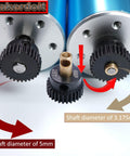 RC Pinion Gear Set 5mm Shaft Bore 48P Pitch Includes 27T 28T 29T 30T For Electric RC Cars And Trucks Upgrade Your Speed Safely With High Torque And Smooth Shifts image showing gears and motor setup with 5mm and 3.175mm adapters.