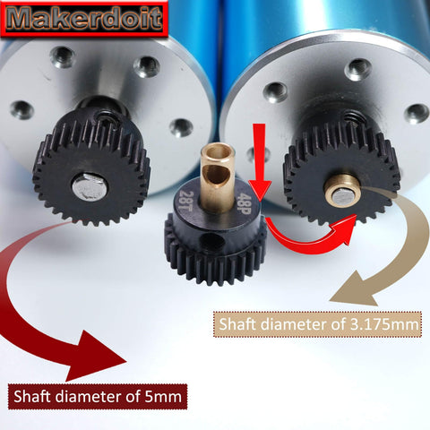 RC Pinion Gear Set 5mm Shaft Bore 48P Pitch Includes 27T 28T 29T 30T For Electric RC Cars And Trucks Upgrade Your Speed Safely With High Torque And Smooth Shifts image showing gears and motor setup with 5mm and 3.175mm adapters.