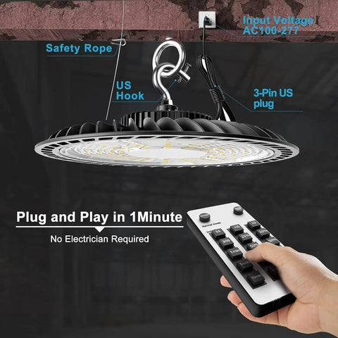 Smash The Shadows With These 200W Led High Bay Lights Packing 30000 Lumens UFO profile with remote control and safety hook.