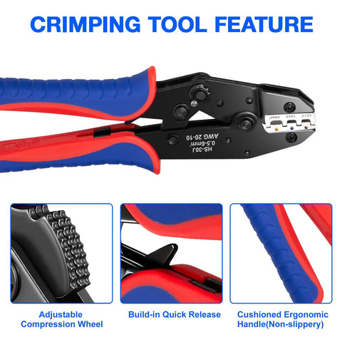 Ratcheting Wire Crimping Tool Set With 6 Replaceable Dies, adjustable compression wheel, ergonomic cushioned handle, close-up view.