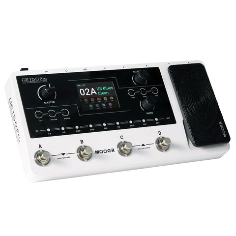 GE150 Pro Guitar Multi Effects Processor with 4 footswitches, expression pedal and digital display of US Blues Clean preset.