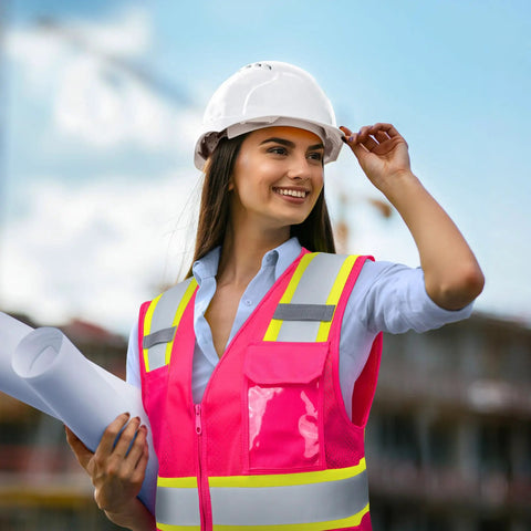Top Level High Visibility Safety Vest With Bold Reflective Strips And Plenty Of Gear Pockets For Daily Grind, worn by woman outdoors with plans.