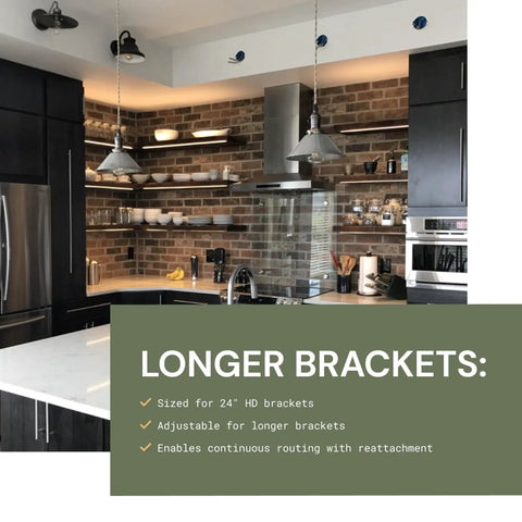 Floating Shelf Bracket Router Guide Kit With Precision Router Bit displayed in a modern kitchen with 24 inch HD brackets.
