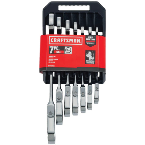 7-Piece SAE Flex Reversible 72-Tooth Ratchet Set With Chrome Finish, 180 Degree Flex Head in packaging, hanging display.