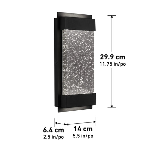 Essence Bubble Glow Box Outdoor Light With 300 Lumen LED, 6 Inch Weatherproof Black Wall Mount Fixture, side view with measurements