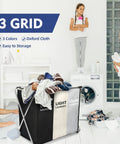 Family in a laundry room with a Foldable 3 Section Laundry Hamper With Stainless Steel Frame Freestanding Game Changing Laundry Bin Organizer For Bathroom Or Bedroom Waterproof Collapsible Clothes Storage Basket With Handles 3 Liner Set In White Grey Black.