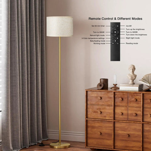 Floor Lamp With Gray Shade And Black Pole For Living Room Dope Modern Tall Stick Lamp For Bedroom Office And Dining Room Contemporary Tall Floor Light Bulb Not Included beside a wooden dresser with remote control features.