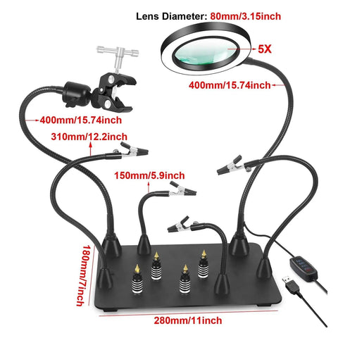 Magnetic Soldering Helping Hands With Flexible Arms And 360 Degree PCB Holder For Hot Air Gun Stand 5X LED Magnifying Light
