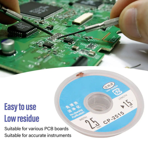 Desoldering Wick Braid With Flux for PCBs, Red Copper Material, 1.5 Meter Length, shown with circuit board and soldering tools