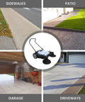Top Shelf Manual Push Floor Sweeper With Thirty Six Inch Brush And Ten Point Five Gallon Dustpan Powers Through Driveways Garages And Pavement Without The Sweat Or Headache In Grey displayed on sidewalks, patio, garage, and driveway.