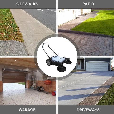Top Shelf Manual Push Floor Sweeper With Thirty Six Inch Brush And Ten Point Five Gallon Dustpan Powers Through Driveways Garages And Pavement Without The Sweat Or Headache In Grey displayed on sidewalks, patio, garage, and driveway.