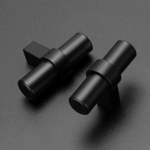 Matte Black Cabinet Knobs 25 Pack Stainless Steel T Bar Drawer Pulls For Cabinets Dresser And Closet Two Size Set Easy Install Modern Kitchen Bath Hardware Sleek And Durable Great For Home Improvement Projects, close-up of two knobs on black background.