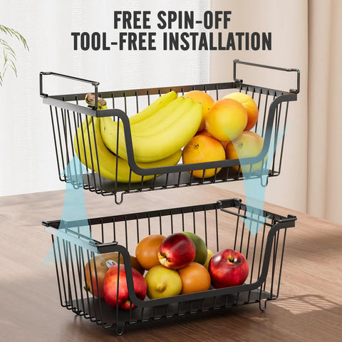Straight Up Stackable Wire Basket Set For Kitchen Pantry Organization And Bathroom Storage Black Metal Shelf Organizer Crates Keep Your Kitchen Crisp Hassle Free Home Declutter Game Changer Total Life Hack
