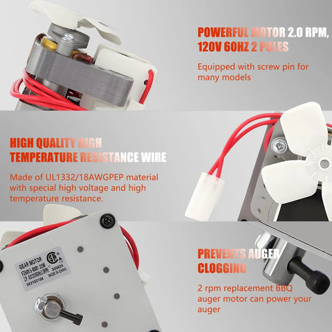 Close-up of 2.0 RPM Auger Motor Replacement For Pit Boss Camp Chef Wood Pellet Grills Universal 120V 60Hz 2 Pole Drive Motor