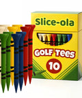 Funny Golf Tees For Men 10 Pack Bamboo Wooden Tees Lit Gift Set with colorful bamboo tees and hilarious Slice-ola packaging.