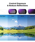 Effect Lens And ND Filter Kit For DJI Osmo Pocket 4/3 With ND8, ND32, ND128 filters reducing reflections on landscape photo.