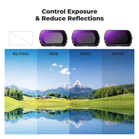 Effect Lens And ND Filter Kit For DJI Osmo Pocket 4/3 With ND8, ND32, ND128 filters reducing reflections on landscape photo.