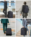 Lekespring 18-inch black rolling backpack with wheels and extendable handle; collage shows front view and on-back wear.