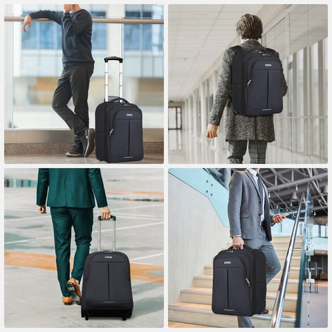 Lekespring 18-inch black rolling backpack with wheels and extendable handle; collage shows front view and on-back wear.
