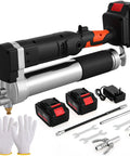 Powerful 12000 PSI Cordless Grease Gun Kit With Dual Mode Operation, two batteries, fast charger, and accessories for heavy equipment