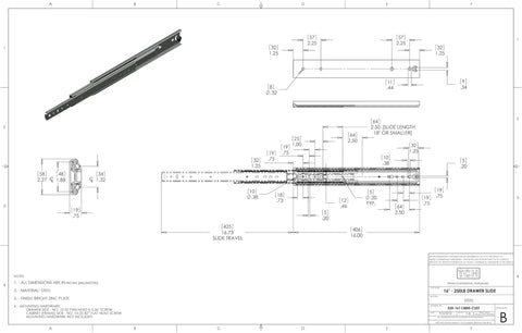 Beefy 16 Inch Heavy Duty 250 Lb Steel Drawer Slides Three Quarter Inch Wide Full Extension With Over Travel Side Mount Ball Bearing Rails For Smooth Glide And Quiet Operation Easy Install Quick Release technical drawing