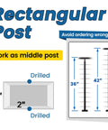 Diagram showing Intermediate Cable Railing Post 36 Inch Tall 1 Inch Thick 2 Inch Wide Brushed Stainless Steel Middle Post with dimensions.