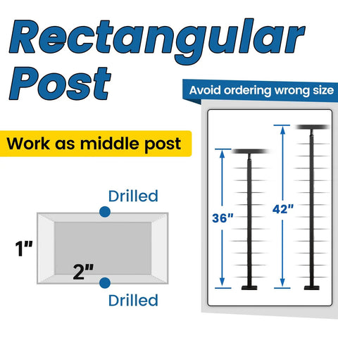 Diagram showing Intermediate Cable Railing Post 36 Inch Tall 1 Inch Thick 2 Inch Wide Brushed Stainless Steel Middle Post with dimensions.