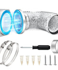 Magnetic Dryer Vent Connector Kit With Quick Connection, Airtight Seal showing hose, clamps, foil tape, screws, and screwdriver.