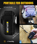 Two Pack Outdoor Lighters That Are Waterproof And Windproof USB Rechargeable With Dual Arc Plasma Tech Attached to Backpack