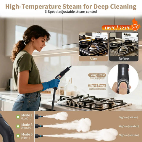 Kickstart Your Deep Clean Routine With This Heavy Duty Handheld Steam Cleaner That Blasts Through Grease And Grime In Seconds with adjustable steam settings.