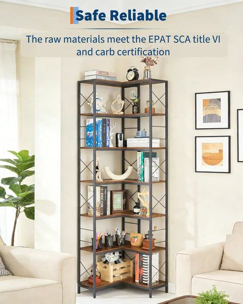 Tall Corner Bookshelf With Fourteen Shelves And Seven Tiers, Space Saving Corner Bookcase in living room setting with decor