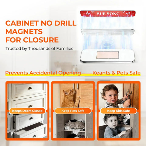 8 Pack Magnetic Cabinet Door Catch Set with 15 Lb Hold, Heavy Duty Cabinet Magnets for Closure demonstration with cat and child safety