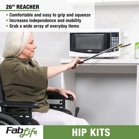 Hip Recovery Essentials Kit For Mobility After Hip Replacement Or Knee And Back Surgery, 26 Inch Reacher, Bath Sponge Stick, Flexible Sock Aid, Shoehorn, Daily Living Aids To Help Reach, Grab, Dress, And Bathe With Ease