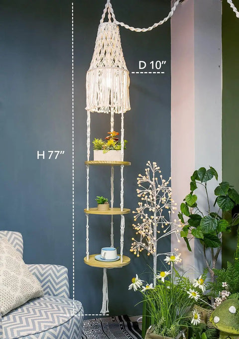 Boho Bedroom Pendant Light With Plug In Cord And Switch Macrame Lampshade And Hanging Planter Holder Space Saving Hanging Shelf